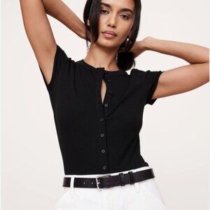 Banana Republic Ribbed Short-Sleeve Button-Down Crew Neck Top Black